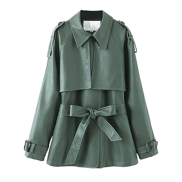 Adhdyuud Vrouwen Casual Revers Faux Lederen Jas Herfst Losse PU Jas Kantoor Dame Uitloper Met Riem